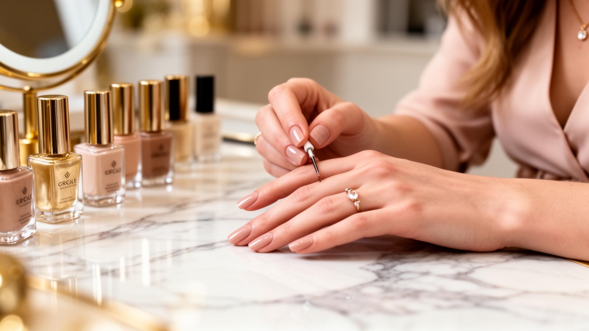 Manicure profissional aplicando esmalte nude em ambiente premium